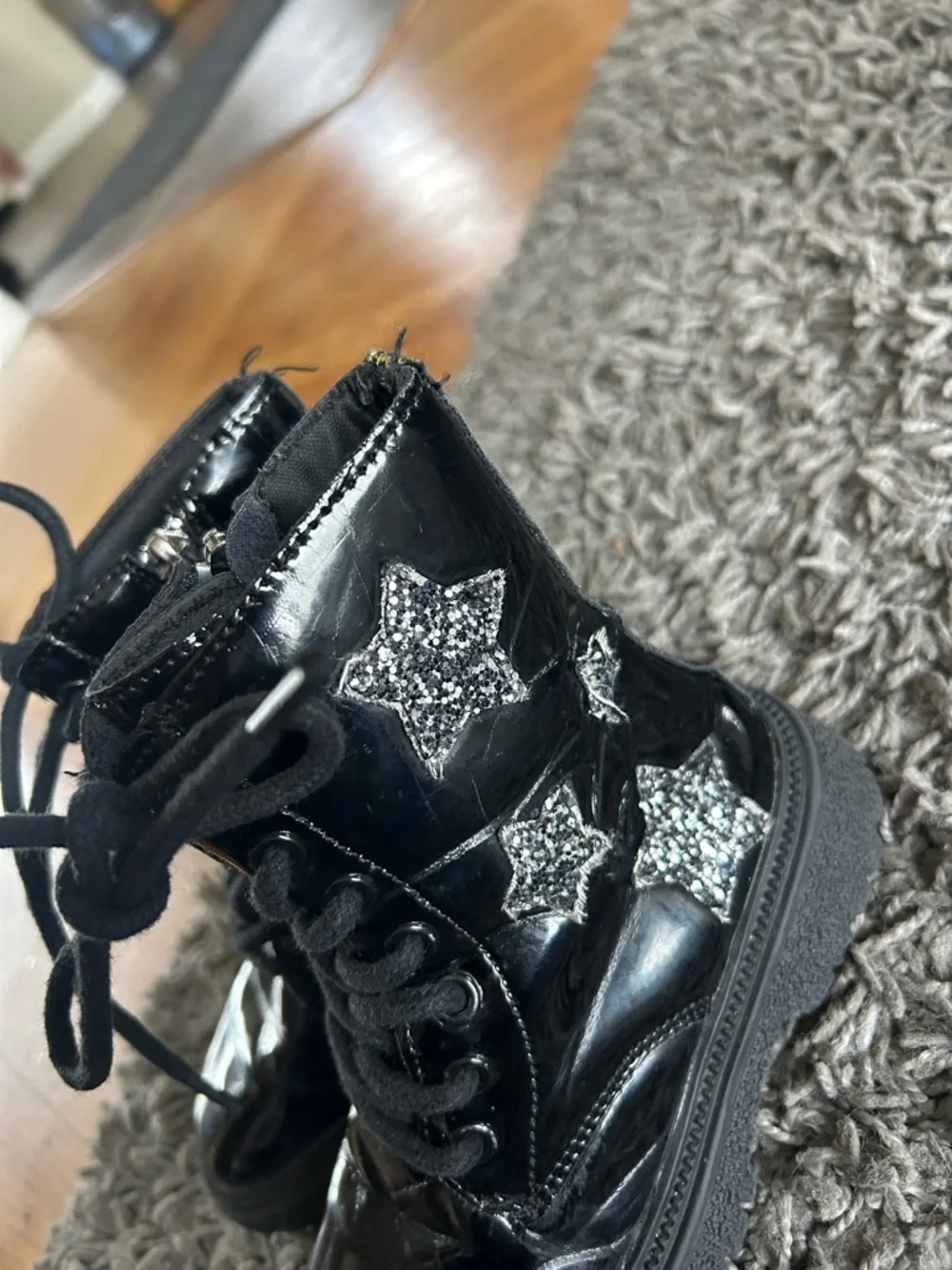 Toddler Girl Black Patent Lace-Up Star Combat Boots Size 26